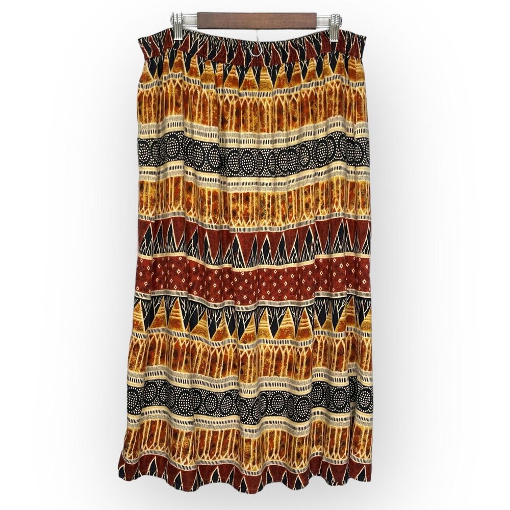 Center Aisle Maxi Skirt Women L Multicolor Print Elastic Waist 100% Rayon Boho‎
